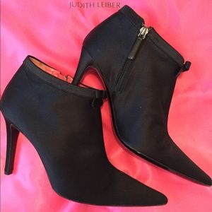 Judith Leiber black Satin ankle booties.